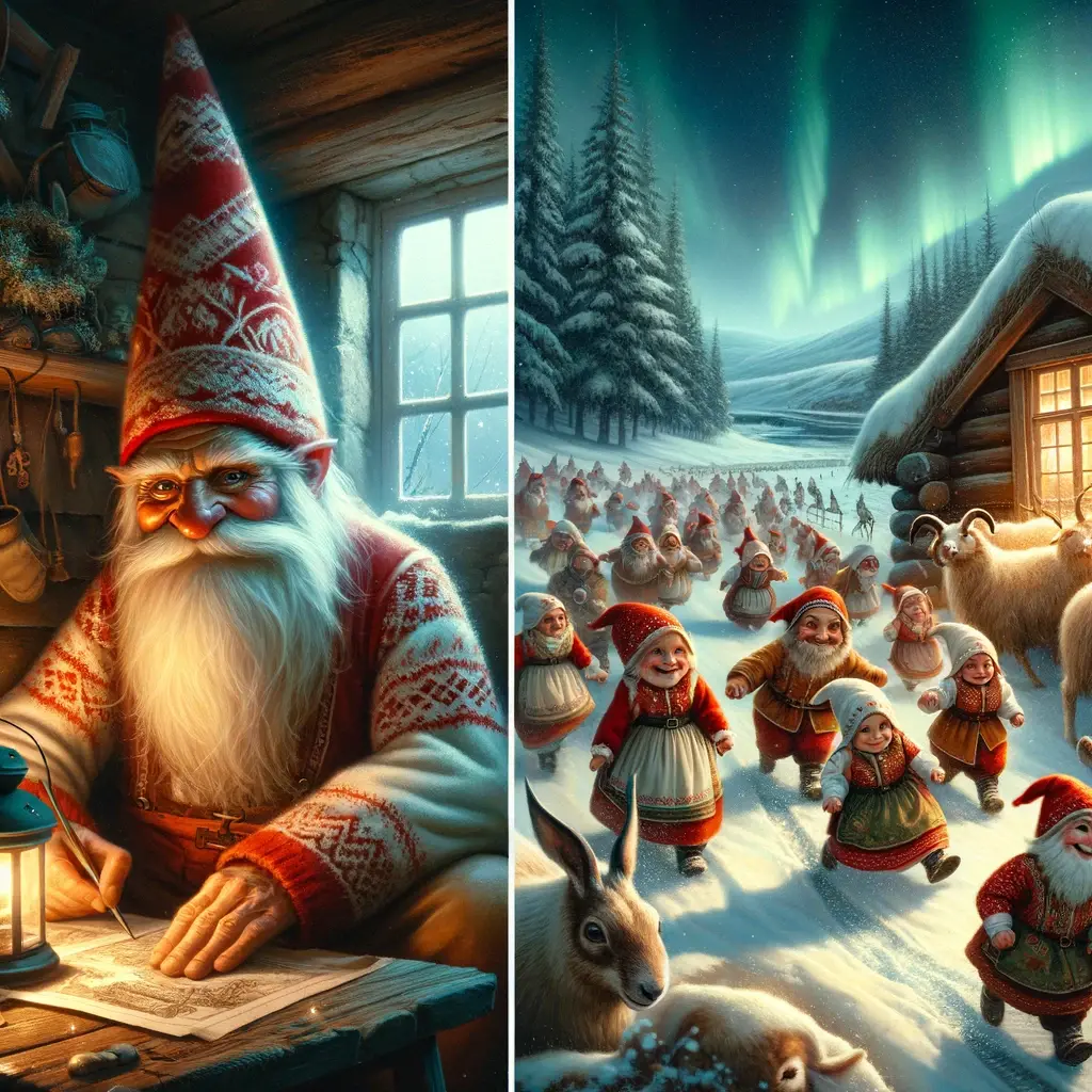 DALL·E 2023 12 05 16.05.50 Norwegian folklore scene featuring nisser mythical gnome like creatures. One image should depict a nisse in a cozy dimly lit cottage wearing trad