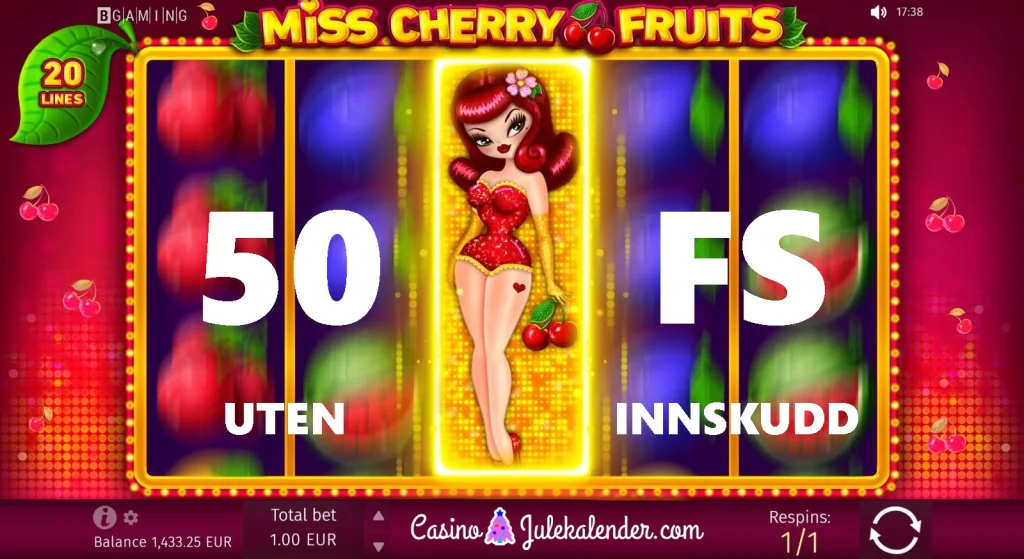 Ekslusivt tillbud 50 FS uten innskudd Miss Cherry Fruits Spilleautomat fra BGaming